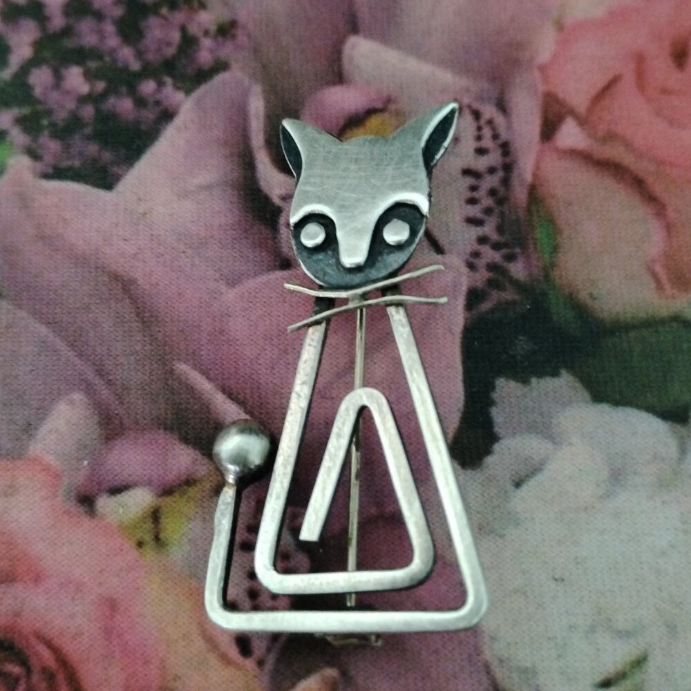 ❤️DELFINO TAXCO FELINE CAT 925 Sterling Silver Modernist Pin Brooch